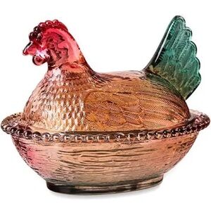 New in box rustic farmhouse chicken shaped glass candy/jar lid -hen on nest